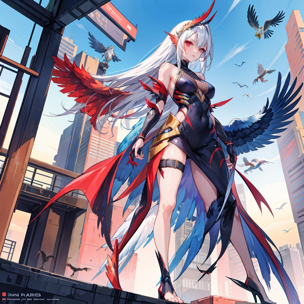 
(masterpiece, highest quality), (Thin Hair), Super detailed, Anime Style, alone, full length, Concept Art, Sunburned skin, Cyberpunk Harpy Ninja Lady, Half Eagle, Bird wings, Bird&#39;s feet, Cyber Streetwear, With the Eagle. Super huge, Tattered Gauntlets, Tall and stylish, tech boots, Very large. Muscular but feminine body type, White Background, full lengthに立って, Standing on the desolate land,
