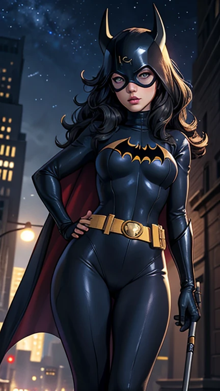 [1Mädchen (batgirl) 1.2] (Nachthimmel, Stadtbild, Gotham City-Hintergrund) [Realität 0.8] [3d 0.9] [Maske, lange Haare, blaue Augen, enger Anzug, Brüste, Kap, Domino-Maske, belt, Brüste, Superheld, mitts, Lippen, schwarzer Body, Helm, Gürtelschnalle, Hörner, eins_drucken, Beutel) 1.1] [kurvig (schlanke Taille, small Brüste) 1.2] [Bewertung 1.1]