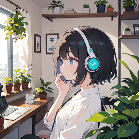Medium hair woman、headphone、Room with houseplants