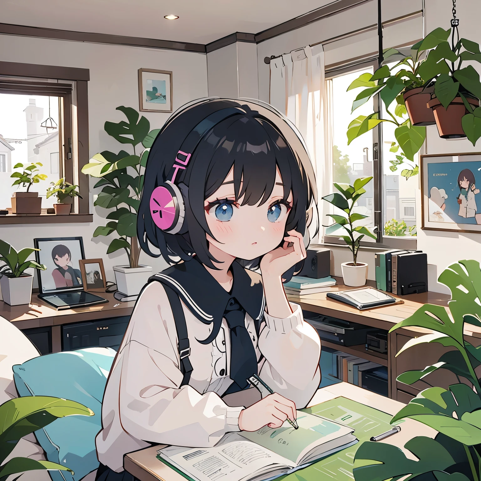 Medium hair woman、headphone、Room with houseplants