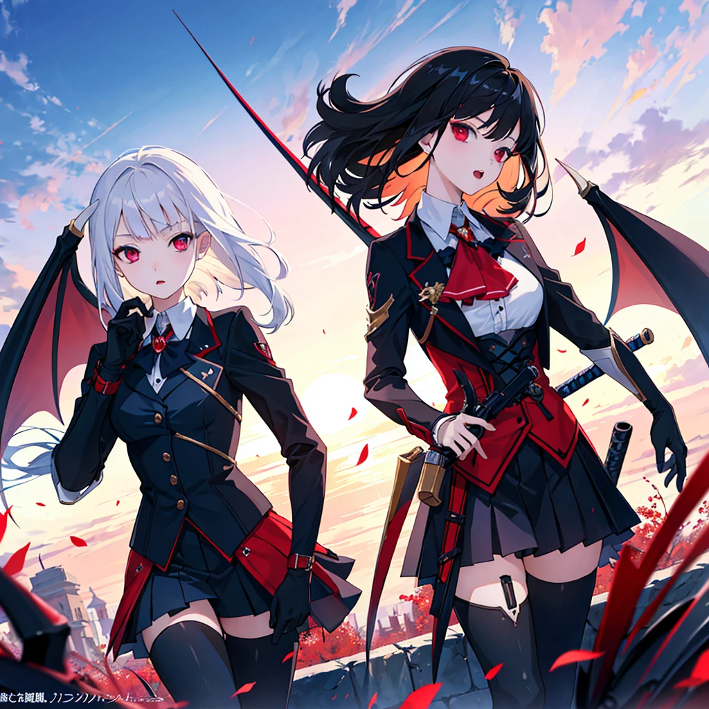 1girl、(masterpiece, highest quality、Official Art、16K、The best composition、CG、Award-winning works), (Thin Hair), Super detailed, Anime Style, alone, full length, Concept Art,Vampire Hunter　high school girl　Reaper&#39;s Scythe, Black Sailor Suit, With the bat. Super huge, Tattered Gauntlets, Tall and stylish,  Very large.、White Background, full lengthに立って, Standing on the desolate land,