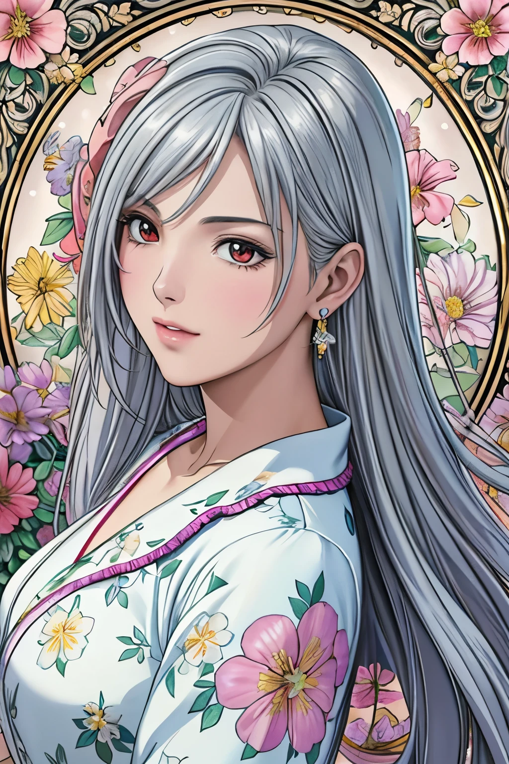 (​masterpiece, top-quality, top-quality, Official art, Beautifully Aesthetic:1.2), red eyes, (highest quality, masterpiece painting:1.3), immature woman, 16 years old, (half body shot), masterpiece, ultra high resolution, (((Flower frame, A lot of flowers in the frame, round frame, A beautiful girl fits into the frame))), Decorative panel, abstract art, (shot from a side angle), (Photoreal:1.0), ((light silver hair)),straight hair, beautiful shining hair, white and shining skin, Painterly, sketch, Texture, 超A high resolution, solo, Beautuful Women, A highly detailed, (Fractal Art:1.1), (colourfull:1.1), (florals:1.6), The most detailed, (Zentangle:1.2), (Dynamic Poses), (Abstract background:1.3), (shinny skin), (Many colors:0.8), (earrings:1.4), (pluma:0.9), Taisho romance