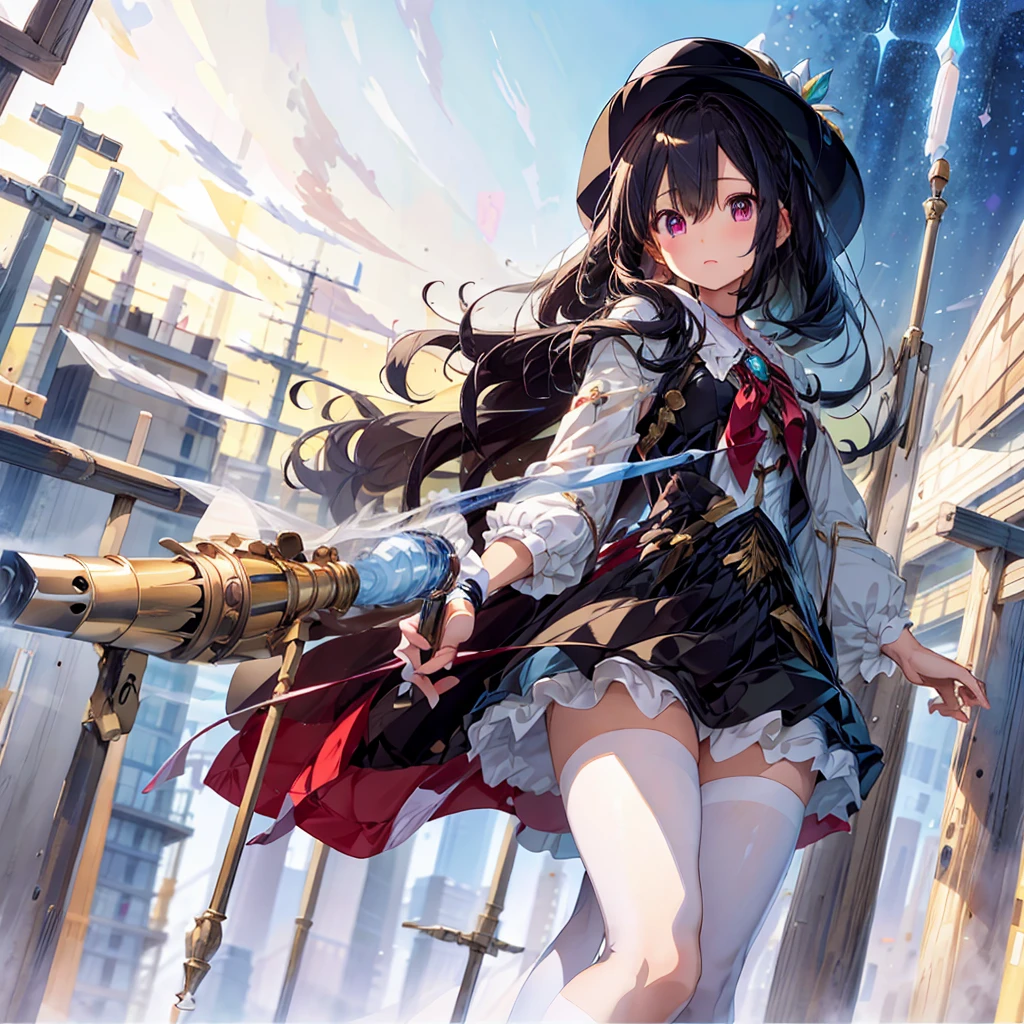 1girl、(masterpiece, highest quality、Official Art、The best composition、Award-winning works), (Thin Hair), Super detailed, Anime Style, alone, full length, Concept Art,Magical girl　Big hat　Cape, Magic Stick,  Super huge, Tall and stylish, Very large.、White Background, full lengthに立って, Floating in the sky,fsgziksks