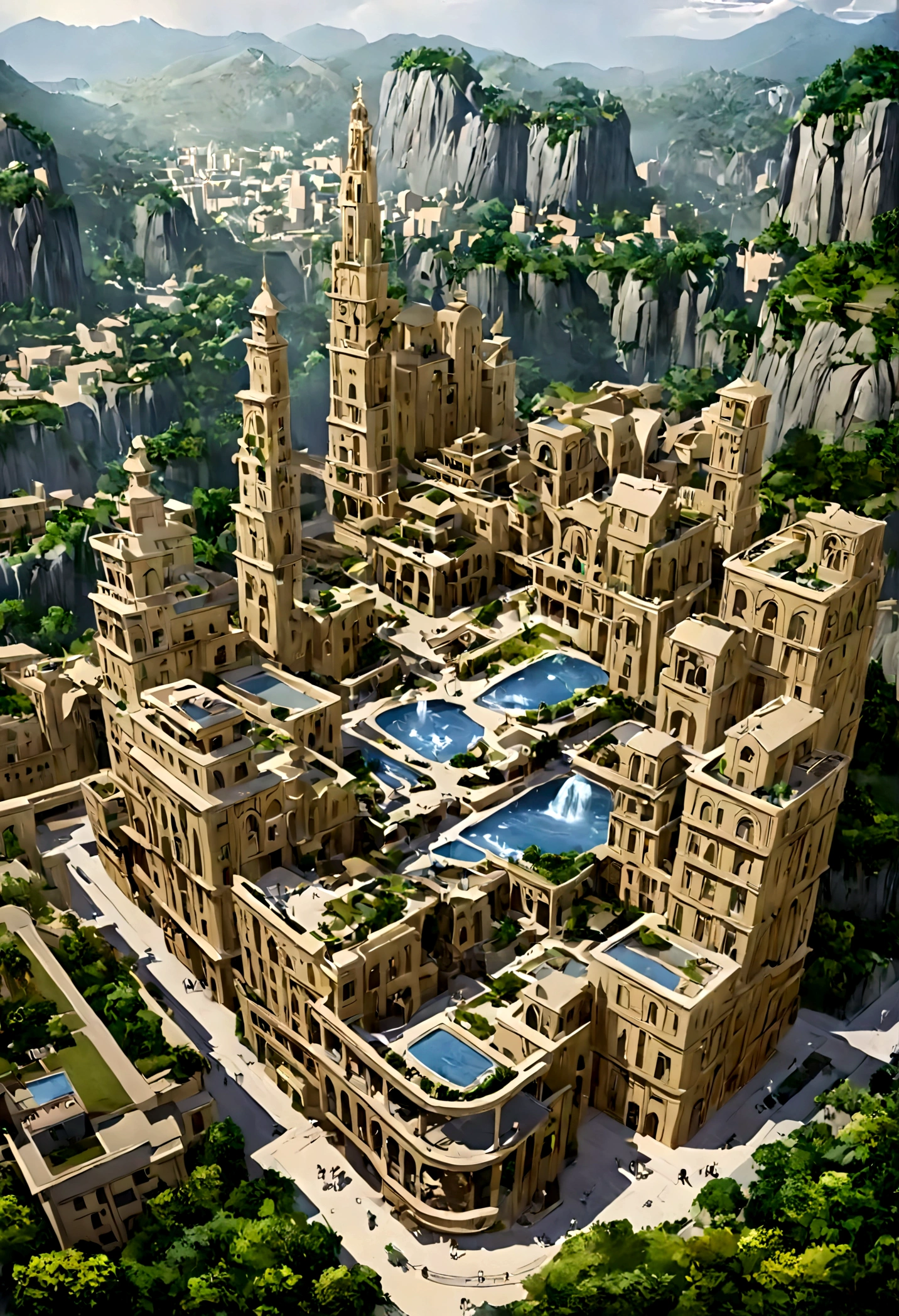 A highly detailed anime-style still art, Ghibli studio style, masterpiece, official art, professional, ((ultra-detailed)), 8k, ((Not show people)), fantastical city carved within a large, rugged mountain. The mountain should appear rough and imposing, with intricate pathways and structures carved into its rocky surface. The city inside should have a unique, surreal design that could not exist in reality. Include elements such as twisting towers, floating platforms, and unusual bridges. The architecture should be imaginative and otherworldly, with buildings featuring intricate details and ornate designs. Surround the city with lush greenery and small waterfalls. Illuminate the scene with a soft, otherworldly light to enhance the sense of wonder and mystery. Add distant, ethereal structures in the background to create depth and a dreamlike atmosphere.