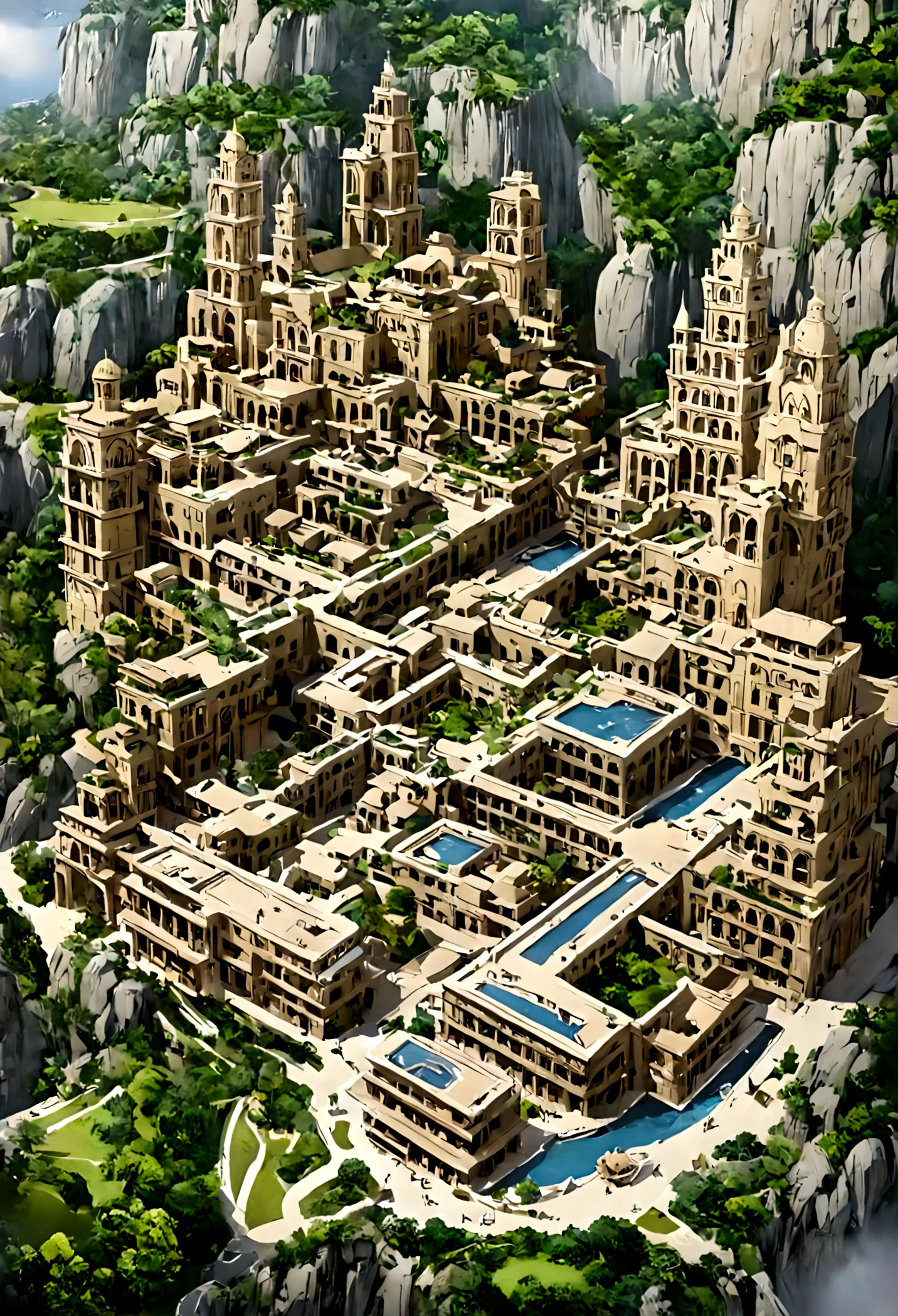 A highly detailed anime-style still art, Ghibli studio style, masterpiece, official art, professional, ((ultra-detailed)), 8k, ((Not show people)), fantastical city carved within a large, rugged mountain. The mountain should appear rough and imposing, with intricate pathways and structures carved into its rocky surface. The city inside should have a unique, surreal design that could not exist in reality. Include elements such as twisting towers, floating platforms, and unusual bridges. The architecture should be imaginative and otherworldly, with buildings featuring intricate details and ornate designs. Surround the city with lush greenery and small waterfalls. Illuminate the scene with a soft, otherworldly light to enhance the sense of wonder and mystery. Add distant, ethereal structures in the background to create depth and a dreamlike atmosphere.