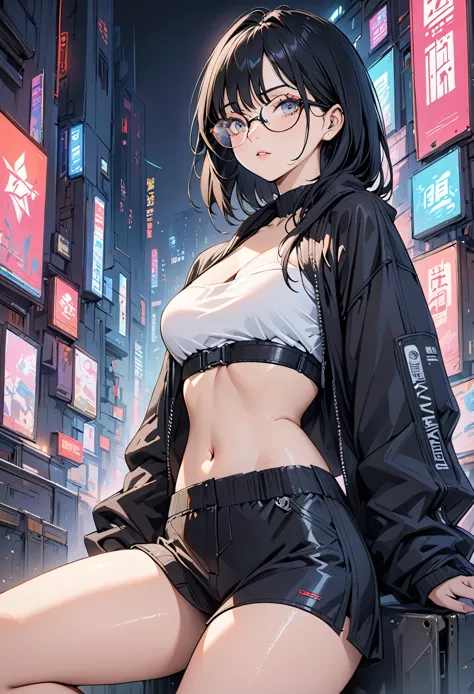 (masterpiece, best quality), 1 Girl, Black Hair, Glasses, Cyberpunk, Solitary, Waist-high, Sexy appearance