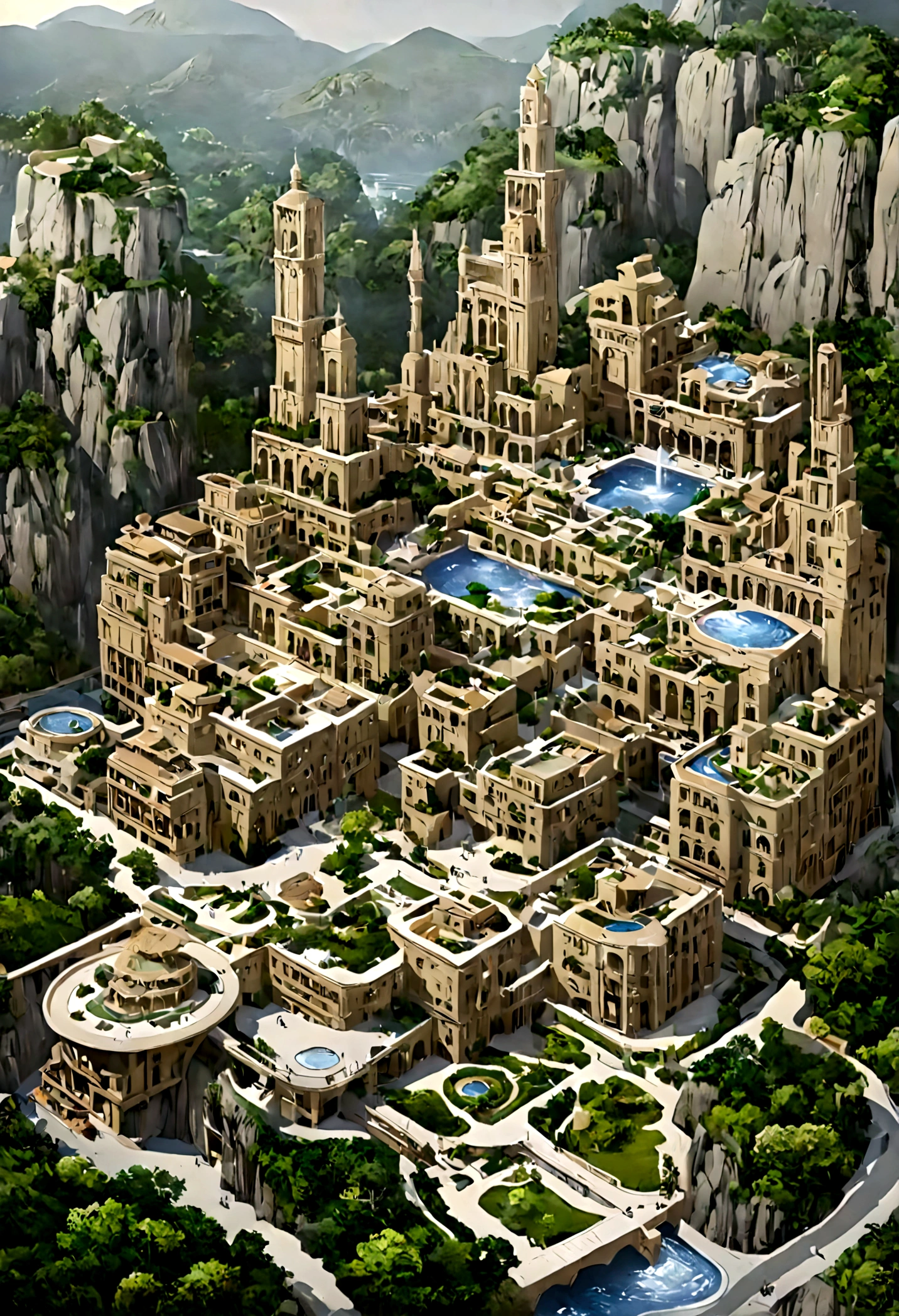 A highly detailed anime-style still art, Ghibli studio style, masterpiece, official art, professional, ((ultra-detailed)), 8k, ((Not show people)), fantastical city carved within a large, rugged mountain. The mountain should appear rough and imposing, with intricate pathways and structures carved into its rocky surface. The city inside should have a unique, surreal design that could not exist in reality. Include elements such as twisting towers, floating platforms, and unusual bridges. The architecture should be imaginative and otherworldly, with buildings featuring intricate details and ornate designs. Surround the city with lush greenery and small waterfalls. Illuminate the scene with a soft, otherworldly light to enhance the sense of wonder and mystery. Add distant, ethereal structures in the background to create depth and a dreamlike atmosphere.