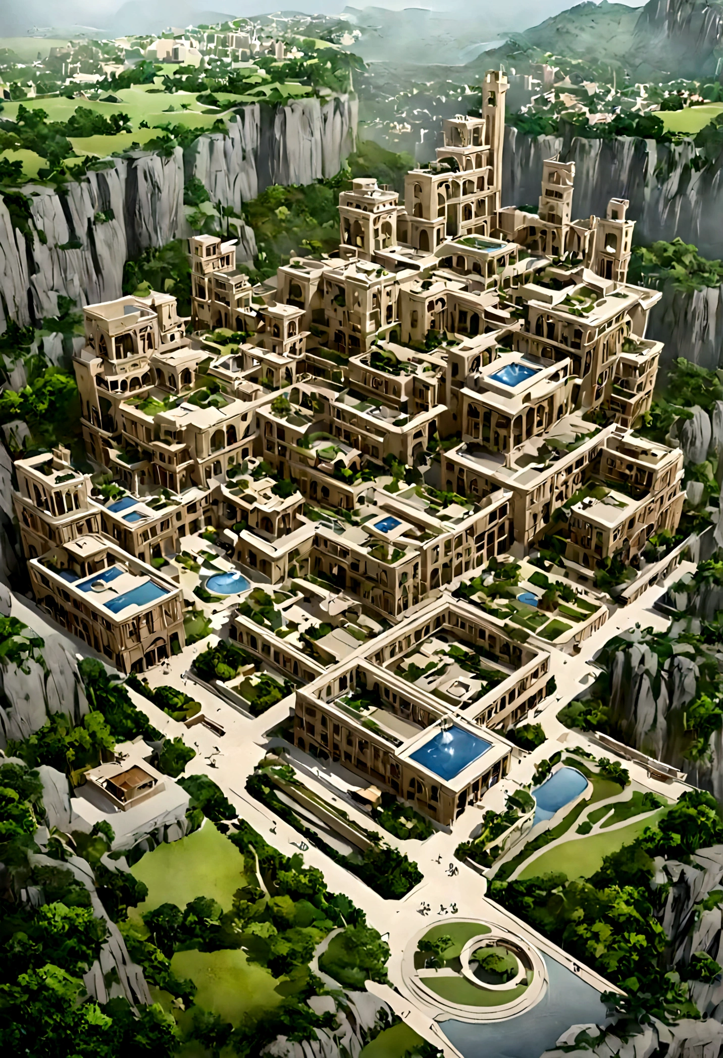 A highly detailed anime-style still art, Ghibli studio style, masterpiece, official art, professional, ((ultra-detailed)), 8k, ((Not show people)), fantastical city carved within a large, rugged mountain. The mountain should appear rough and imposing, with intricate pathways and structures carved into its rocky surface. The city inside should have a unique, surreal design that could not exist in reality. Include elements such as twisting towers, floating platforms, and unusual bridges. The architecture should be imaginative and otherworldly, with buildings featuring intricate details and ornate designs. Surround the city with lush greenery and small waterfalls. Illuminate the scene with a soft, otherworldly light to enhance the sense of wonder and mystery. Add distant, ethereal structures in the background to create depth and a dreamlike atmosphere.