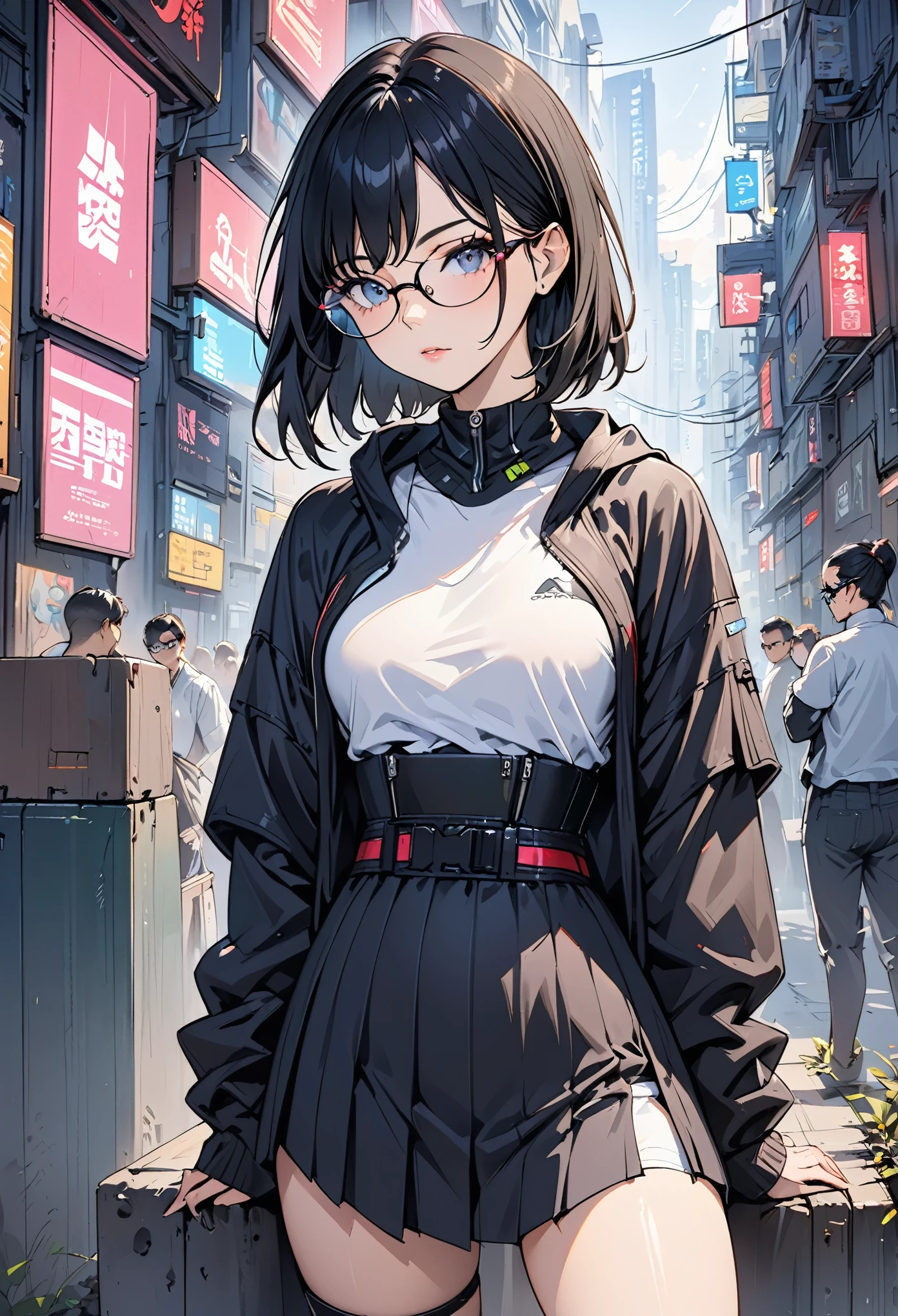 (chef-d&#39;œuvre, Meilleure qualité), 1 fille, cheveux noirs, Lunettes, cyberpunk, Solitaire, taille haute, apparence sexy