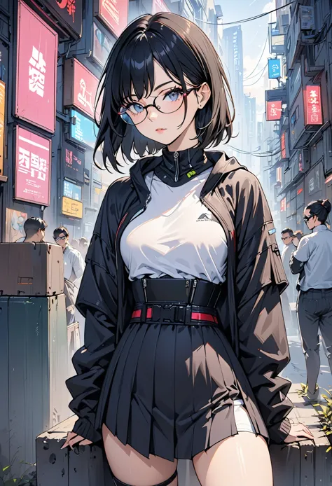 (masterpiece, best quality), 1 Girl, Black Hair, Glasses, Cyberpunk, Solitary, Waist-high, Sexy appearance