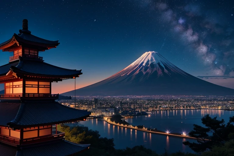 夜空は濃い紫色、濃紺、そしてそれは珊瑚色のグラデーションで満たされています.。遠方に, マウント. 堂々と立つ富士.、近くには伝統的な五重塔が静かに建っている.。前景に、2つの数字, 男と女、夜空を見上げるシルエットが描かれている.。夜空の色と日本の風景が溶け合う、美しく静かな情景を描く。