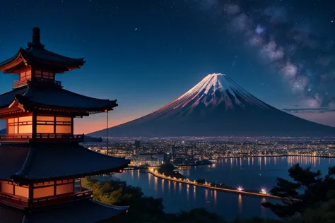 The night sky is deep purple、dark blue、And it is filled with a gradation of coral colors.。In the distance, Mt. Fuji stands majes...