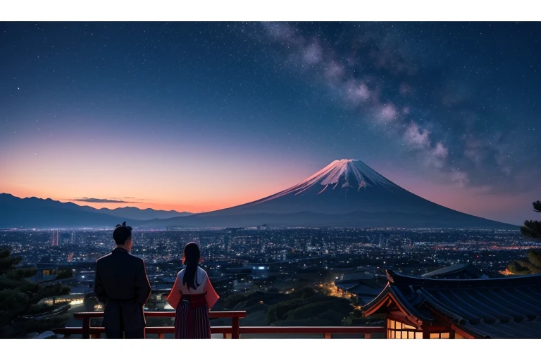 The night sky is deep purple、dark blue、And it is filled with a gradation of coral colors.。In the distance, Mt. Fuji stands majestically.、A traditional five-story pagoda stands quietly nearby.。In the foreground、Two figures, a man and a woman、A silhouette is depicted looking up at the night sky.。The colors of the night sky and the Japanese landscape blend together、Draw a beautiful and tranquil scene。