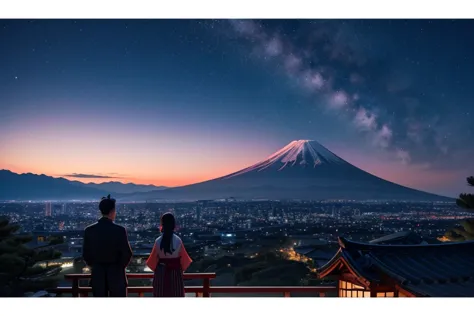 The night sky is deep purple、dark blue、And it is filled with a gradation of coral colors.。In the distance, Mt. Fuji stands majes...