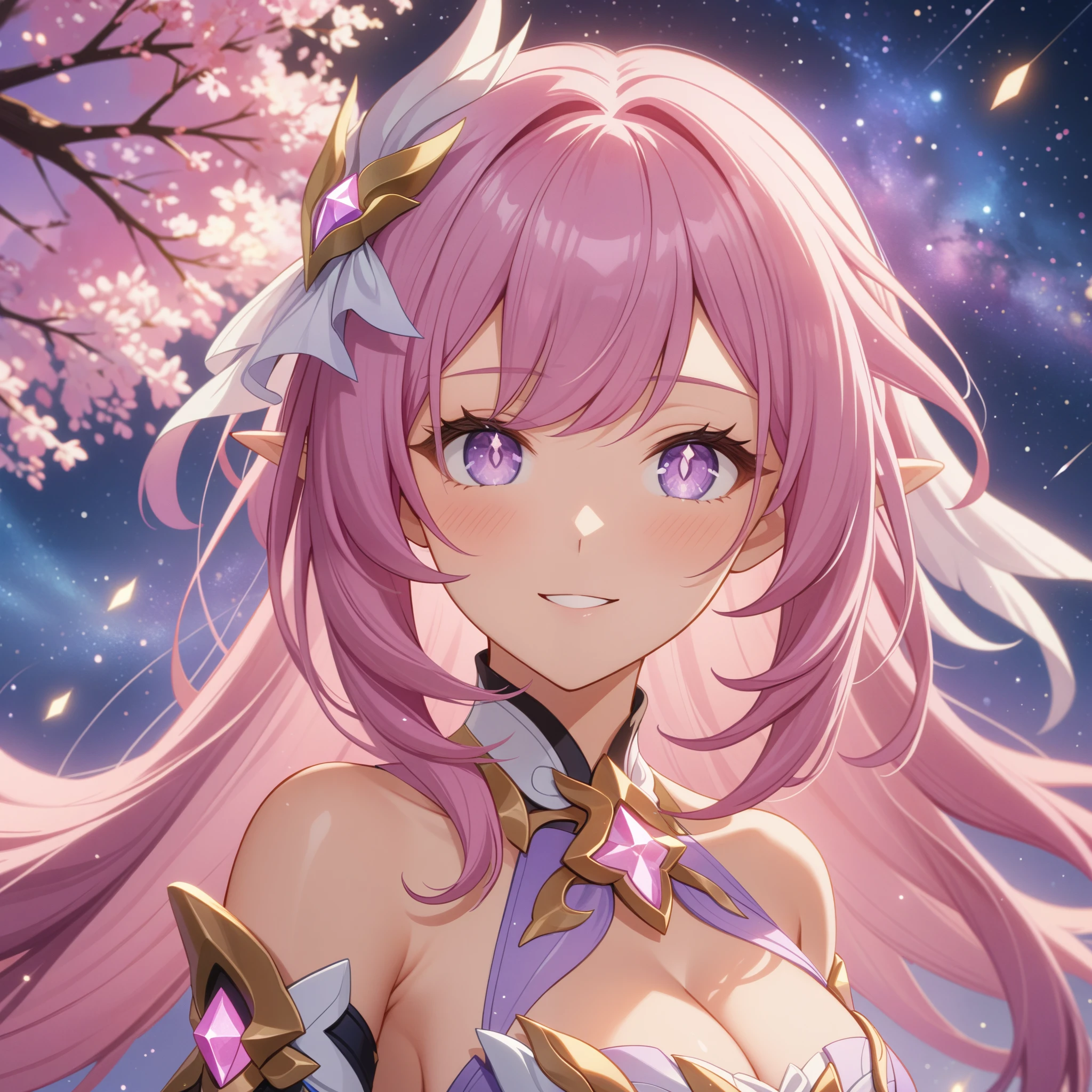 ai-generated,very aesthetic,1girl,elysia_/(herrscher_of_human:ego/)_/(honkai_impact/),pointed_ears,pink_hair,dreamy anime fantasy background,raytracing,light purple eyes,well-defined pink diamond pupils,floating,light particles,dsmile,breathtakingly gorgeous multicolored starry sky,gentle smile,celestial,cosmic tree in background,intricate,large breasts,goddess,vibrant rich hdr color,cel shading,(best quality,4k,8k,highres,masterpiece:1.2)
