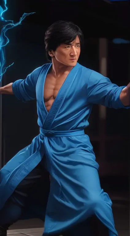 actor ((jackie chan)) ocean,((has a blue aura)),((fighting pose)),tsung, mortal kombat, ((old)), spooky, ((beard)), dark blue lo...