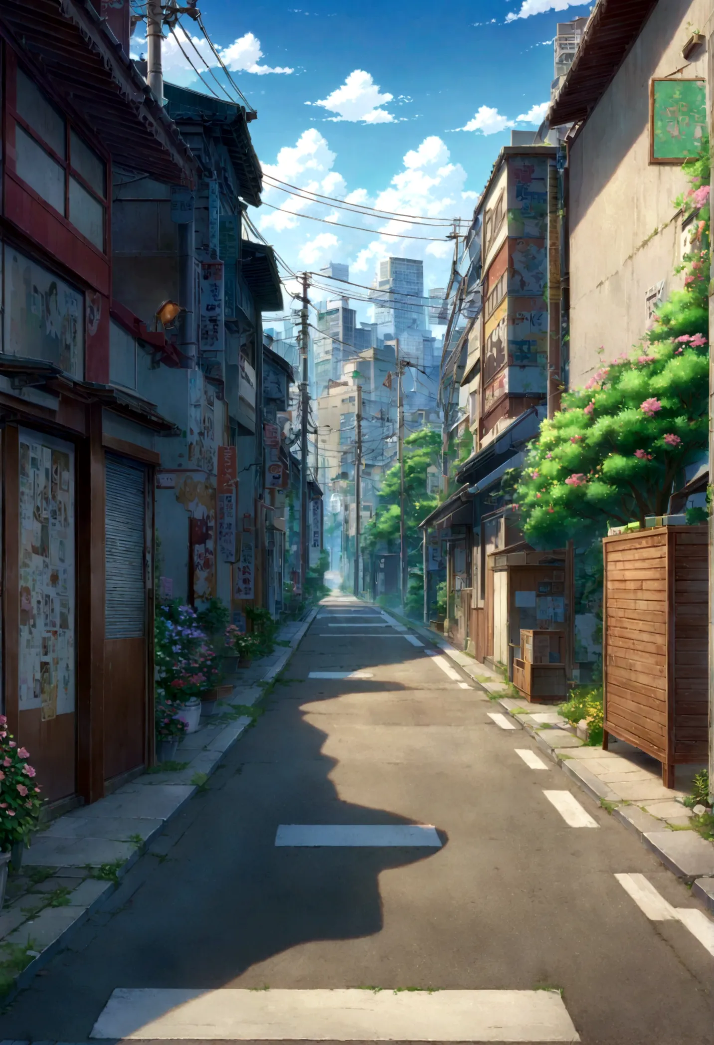anime scenery of a street with a lot of signs and flowers, anime background art, tokyo - esque town, tokyo anime scene, beautifu...