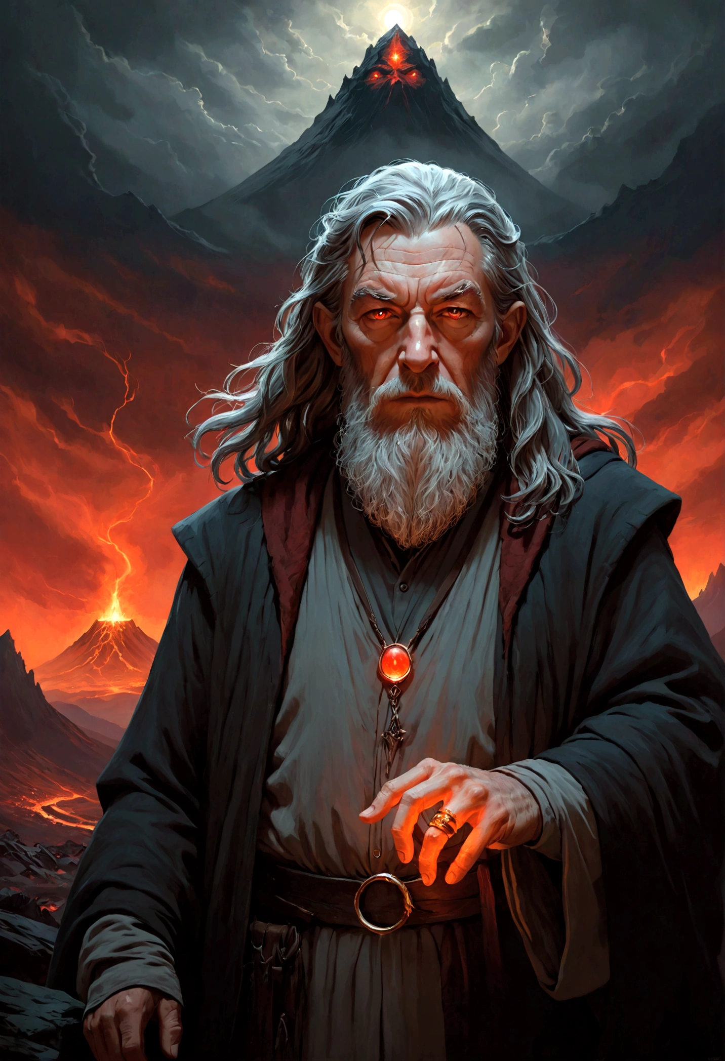 Una pintura al estilo de Brom de un mago oscuro Gandalf con el anillo único en su dedo y el anillo brilla en rojo, de pie frente al ominoso monte del destino, Atmósfera oscura y amenazante, iluminación cambiante, composición cinematográfica dramática, retrato muy detallado, chiaroscuro lighting, sombras dramáticas, paleta de colores apagados, humor sombrío, Escena de fantasía épica, magistralmente renderizado, Fotorrealista, 8K, hiper detallado, iluminación cinematográfica