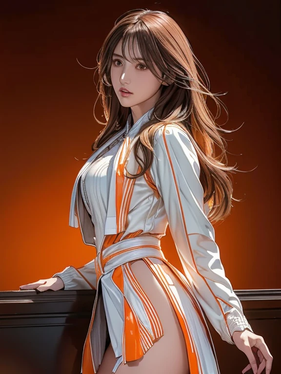 c.c., Expressionless, , (masterpiece, highest quality, Super detailed, Best Shadow, Volumetric lighting), (Beautifully detailed face, Beautiful fine details), (Best lighting),, Orange eyes, Very long hair, (White straitjacket:1.4), Black belt, , (Cowboy Shot:1.3), intense angle,, mksks style, Beautiful background, Professional Lighting, Warm coloured landscape,