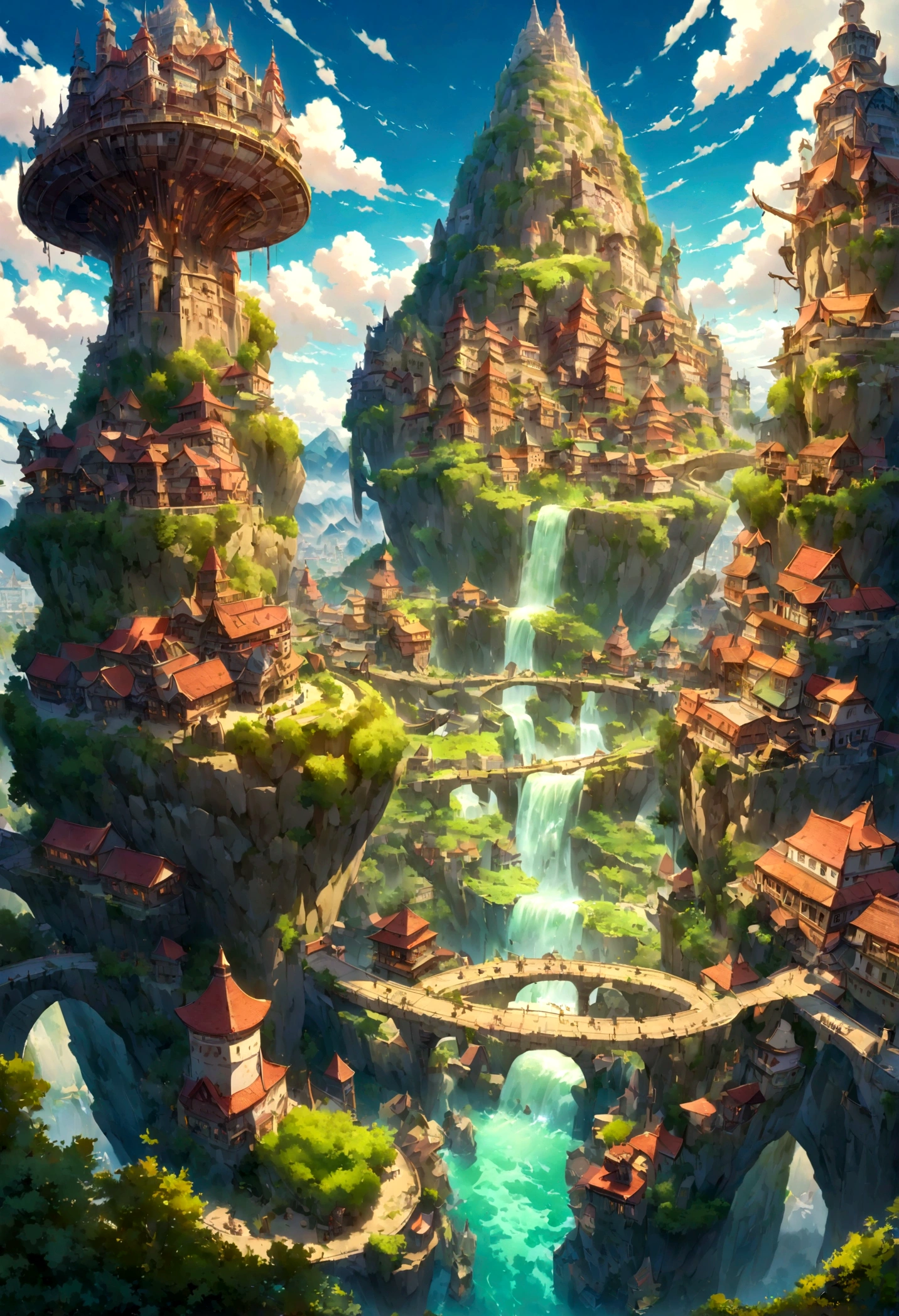 A highly detailed anime-style still art, Ghibli studio style, masterpiece, official art, professional, ((ultra-detailed)), 8k, ((Not show people)), fantastical city carved within a large, rugged mountain. The mountain should appear rough and imposing, with intricate pathways and structures carved into its rocky surface. The city inside should have a unique, surreal design that could not exist in reality. Include elements such as twisting towers, floating platforms, and unusual bridges. The architecture should be imaginative and otherworldly, with buildings featuring intricate details and ornate designs. Surround the city with lush greenery and small waterfalls. Illuminate the scene with a soft, otherworldly light to enhance the sense of wonder and mystery. Add distant, ethereal structures in the background to create depth and a dreamlike atmosphere.