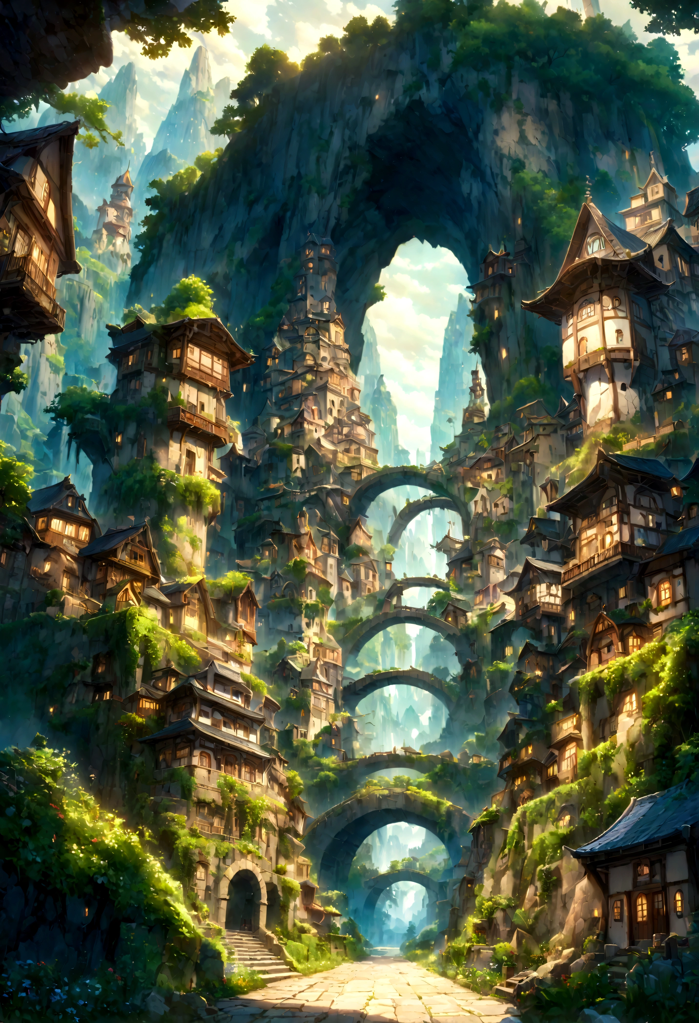 A highly detailed anime-style still art, Ghibli studio style, masterpiece, official art, professional, ((ultra-detailed)), 8k, ((Not show people)), fantastical city carved within a large, rugged mountain. The mountain should appear rough and imposing, with intricate pathways and structures carved into its rocky surface. The city inside should have a unique, surreal design that could not exist in reality. Include elements such as twisting towers, floating platforms, and unusual bridges. The architecture should be imaginative and otherworldly, with buildings featuring intricate details and ornate designs. Surround the city with lush greenery and small waterfalls. Illuminate the scene with a soft, otherworldly light to enhance the sense of wonder and mystery. Add distant, ethereal structures in the background to create depth and a dreamlike atmosphere.