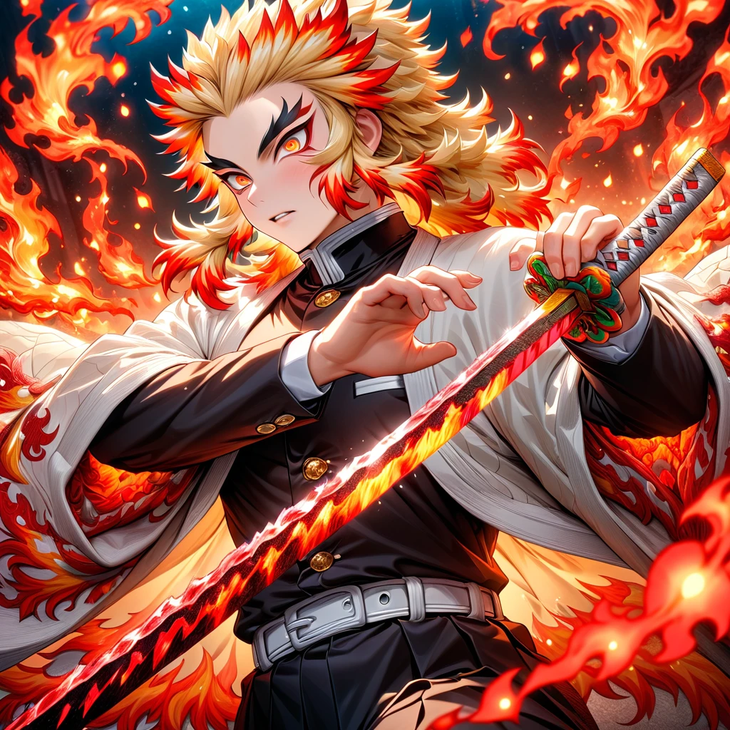 absurdesten, highres, Extrem detailliert, HDR, Meisterwerk, beste Qualität, Rengoku Kyojuro, Blondes Haar, ausdrucksstarke orangefarbene Augen, kimetsu no yaiba, Allein, sexy Mann schnappt sich ein Schwert, Gutaussehend, weißer Haori, Dämonentöter-Uniform, magisch, Fantasie, Feuer, rote Blumen, rote Blüten, rote Schmetterlinge, rote Blütenblätter