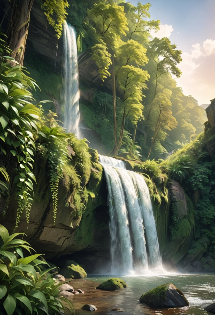 Wasserfall vermittelt vier Abenteurer natürliche Fantasy-Landschaft Fee grün, Goldener Schnitt, アニメーションのausführlich, empfindlich, QuixelMegascans Trend, perfektes Bild, ultrahohe Auflösung, perfekte Komposition, ausführlich, super Farbe, (Haut mit Liebe zum Detail: 1.2), 8Kultrahohe Auflösung, Digitale Spiegelreflexkamera, sanfte Beleuchtung, gute Qualität, Filmkorn, Fujifilm XT3  