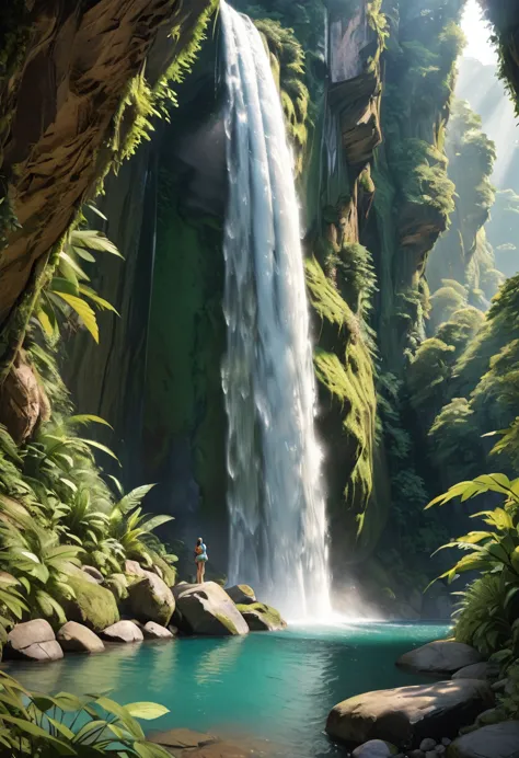 Waterfall conveys four adventurers natural fantasy landscape fairy green, Golden Ratio, アニメーションのdetailed, delicate, QuixelMegasc...