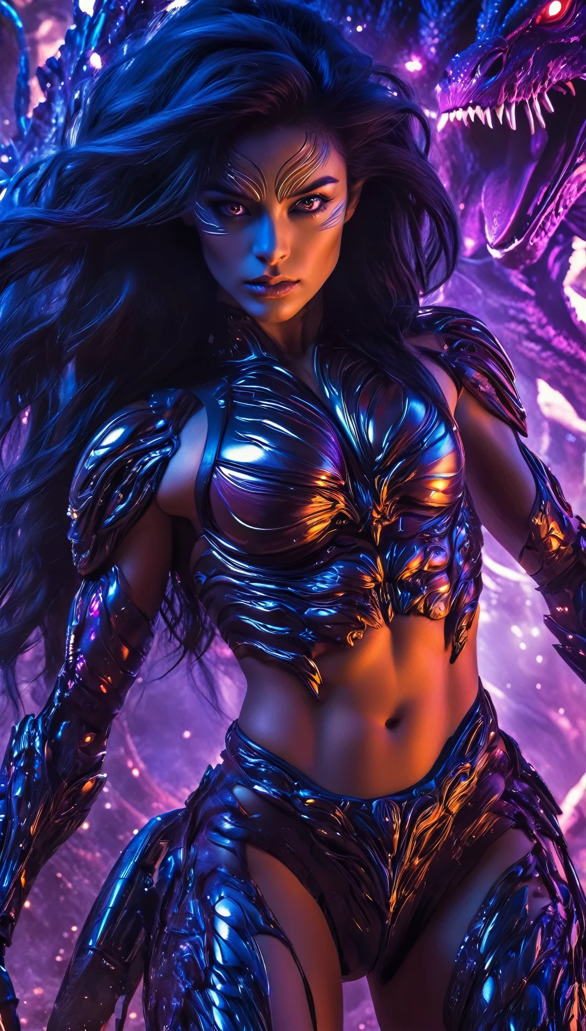 (best quality,4k,highres,masterpiece:1.2),ultra-detailed,(realistic,photorealistic:1.37),A female alien predator, of exquisite beauty beyond comparison, her intense gaze fixed on her prey with a hunter's focus, her long dark claws poised to strike. Her lean, muscular body was a sight to behold, every inch of her hyper-detailed figure exuding energy and raw power. Her shining pearl white eyes, the most beautiful face in the universe, framed by thick eyebrows, shimmered with an otherworldly allure. Her jet black hair, symmetrically arranged, glistened under the rich colorful lights that illuminated her surroundings. Her eyes, highly detailed and full of life, held a seductive, alluring gaze that was both entrancing and intimid, muscular and toned body. (beautiful abs:1.5), (She is at the battlefield of another planet:1.5), (wearing intricate Nano armor suit with a fractal design:1.4), (cinematic lighting, depth of field:1.5), (A Nano suit made using ancient technology with a design that shows her stomach and chest in a fractal pattern:1.8).
