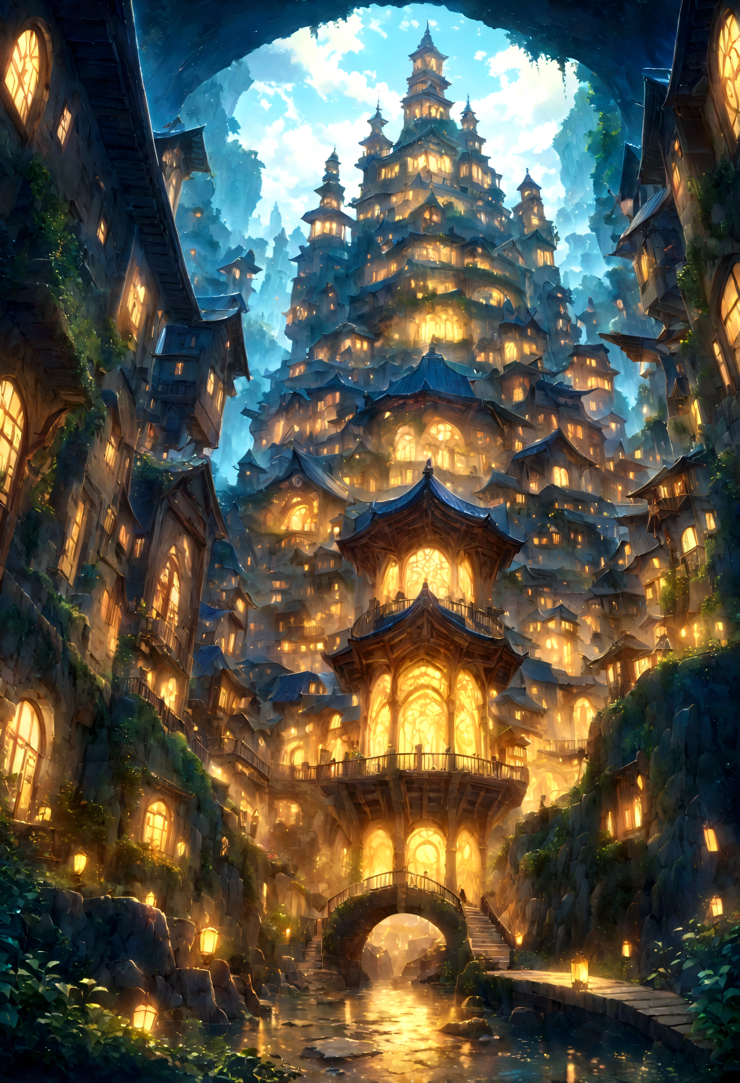 A highly detailed anime-style still art, Ghibli studio style, masterpiece, official art, professional, ((ultra-detailed)), 8k, ((Not show people)), Arabesque pattern, fantastical city carved within a large, rugged mountain. The mountain should appear rough and imposing, with intricate pathways and structures carved into its rocky surface. The city inside should have a unique, surreal design that could not exist in reality. Include elements such as twisting towers, floating platforms, and unusual bridges. The architecture should be imaginative and otherworldly, with buildings featuring intricate details and ornate designs. Surround the city with lush greenery and small waterfalls. Illuminate the scene with a soft, otherworldly light to enhance the sense of wonder and mystery. Add distant, ethereal structures in the background to create depth and a dreamlike atmosphere