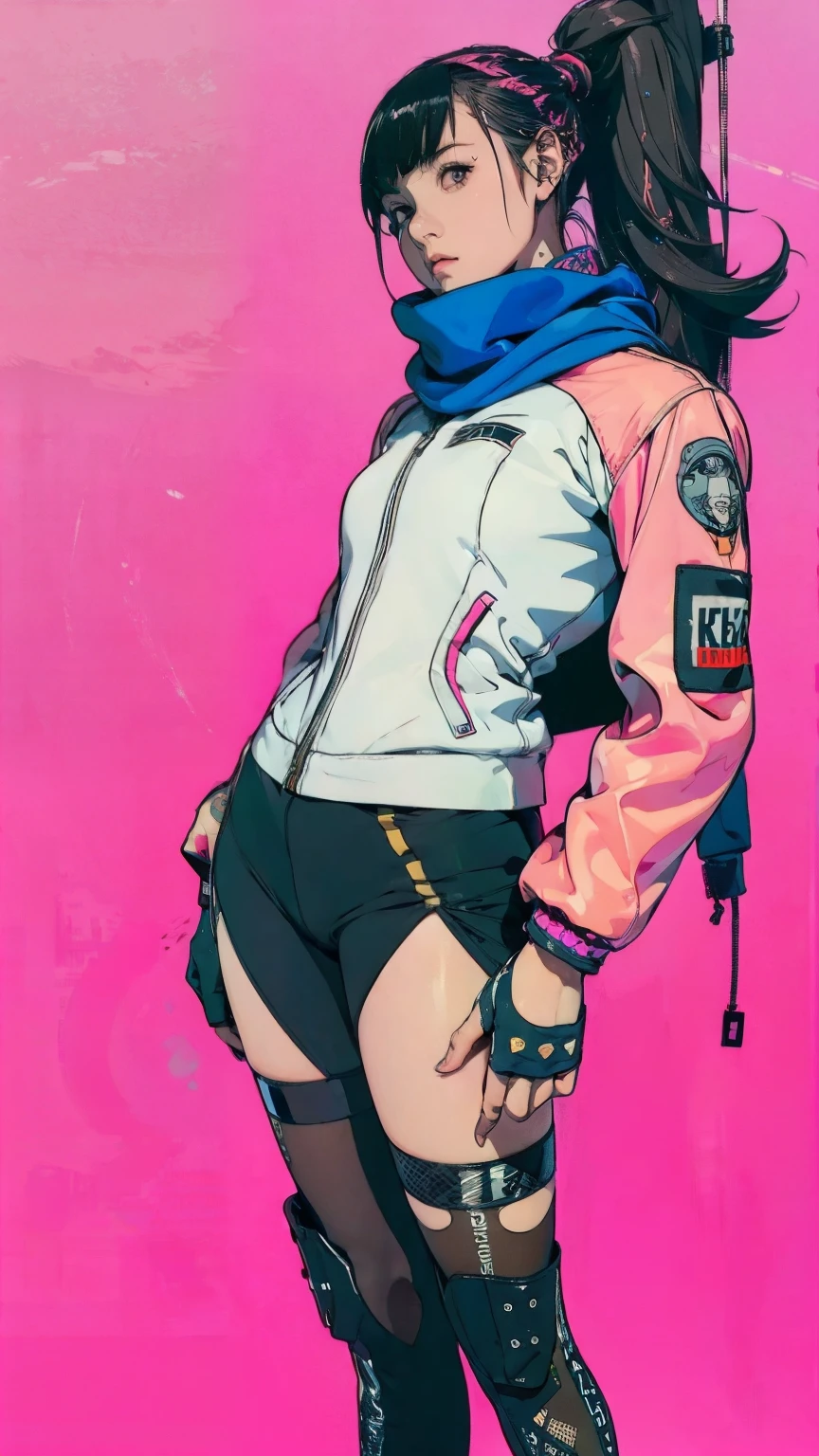 (ultra detailed,ultra high res,detailed background),((2D)),((flat color)),((muted color)),((floating neon)),1girl,solo,looking at viewer, BREAK, spray paint, graffiti,fencer, girl in a fencing suit, long plush scarf, full body image, adult woman, anatomically perfect face, face in focus, symmetrical face, (ink punk: 1.4)