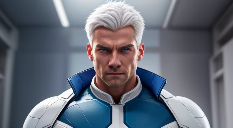 A muscular male figure with icy blue skin, white hair, and a determined expression, wearing a sleek, form-fitting X-Men uniform, in a full-body pose,extremely detailed,realistic,photo-realistic,HDR,UHD,studio lighting,ultra-fine painting,sharp focus,physically-based rendering,extreme detail description,professional,vivid colors,bokeh,portraits,concept artists,cold color tones,dramatic lighting