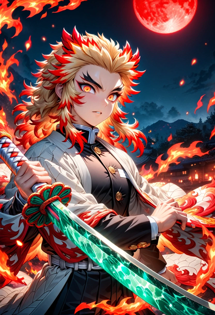 Ultra detailed, highres, absurdres, HDR, master piece, Rengoku Kyojuro, blond hair, expressive golden eyes, white haori with patters of flames, black demon slayer uniform, Kimetsu No Yaiba, fantasy, petals, red flowers, handsome, sexy man grabbing a sword, solo, magic, shining red fireflies, red moon, best quality, extremely detailed face and eyes, fire, grabbing a sword