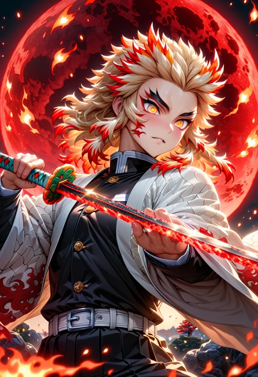 ultra detallado, alta resolución, absurdos, hdr, obra maestra, Rengoku Kyojuro, pelo rubio, ojos dorados expresivos, haori blanco con patrones de llamas, Uniforme Black Demon Slayer, kimetsu no yaiba, fantasía, pétalos, Flores rojas, elegante, sexy man Agarrando una espada, solo, magia, shining red fuegoflies, Luna Roja, mejor calidad, cara y ojos extremadamente detallados, fuego, Agarrando una espada