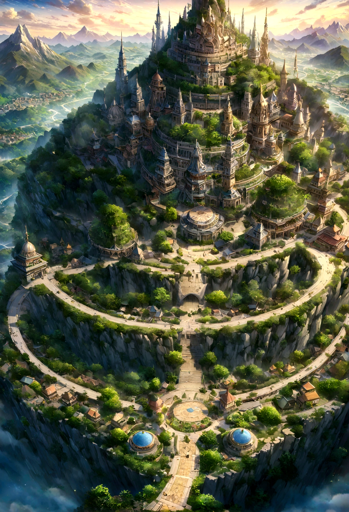 A highly detailed anime-style still art, Ghibli studio style, masterpiece, official art, professional, ((ultra-detailed)), 8k, ((Not show people)), Arabesque pattern, fantastical city carved within a large, rugged mountain. The mountain should appear rough and imposing, with intricate pathways and structures carved into its rocky surface. The city inside should have a unique, surreal design that could not exist in reality. Include elements such as twisting towers, floating platforms, and unusual bridges. The architecture should be imaginative and otherworldly, with buildings featuring intricate details and ornate designs. Surround the city with lush greenery and small waterfalls. Illuminate the scene with a soft, otherworldly light to enhance the sense of wonder and mystery. Add distant, ethereal structures in the background to create depth and a dreamlike atmosphere