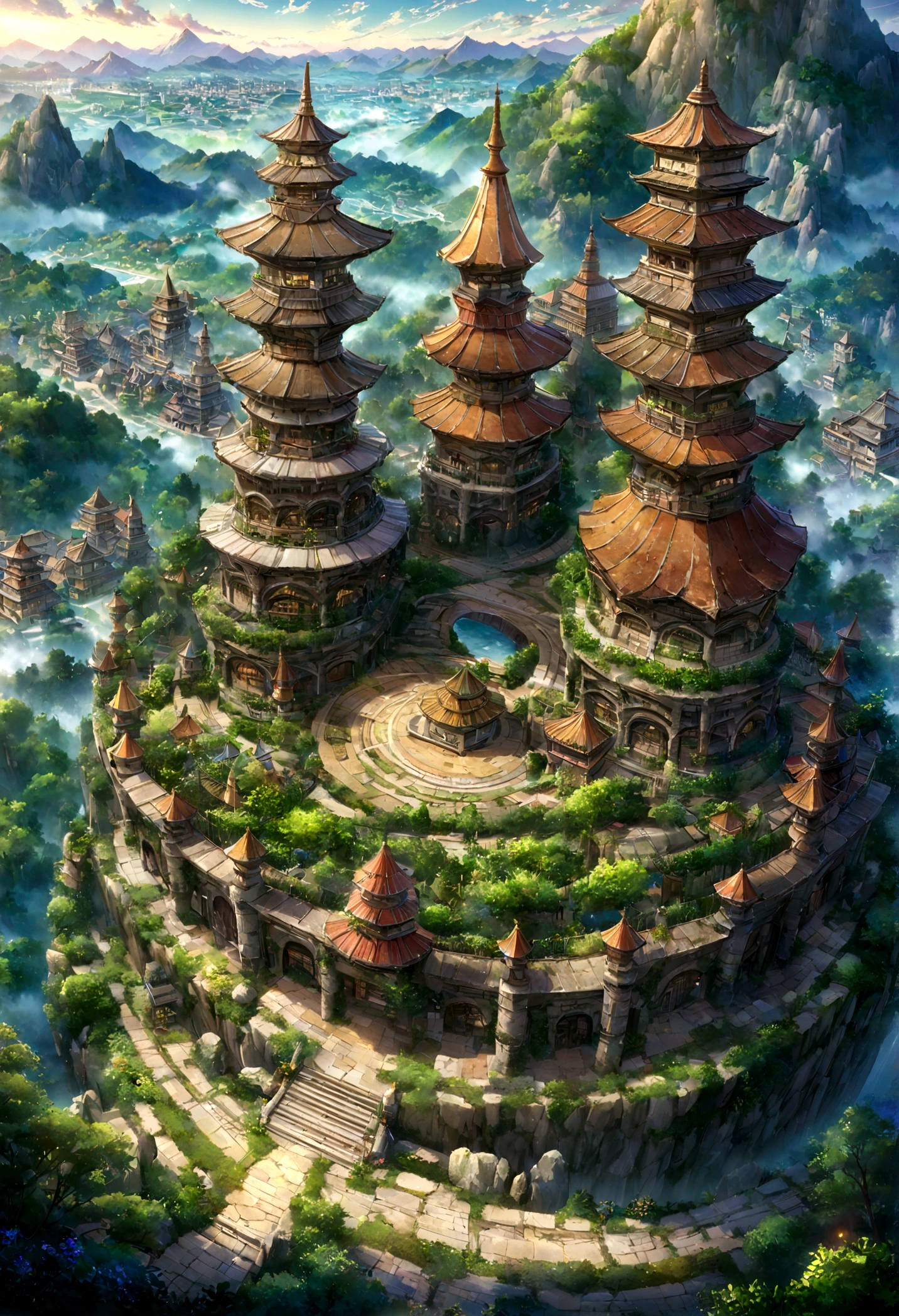 A highly detailed anime-style still art, Ghibli studio style, masterpiece, official art, professional, ((ultra-detailed)), 8k, ((Not show people)), Arabesque pattern, fantastical city carved within a large, rugged mountain. The mountain should appear rough and imposing, with intricate pathways and structures carved into its rocky surface. The city inside should have a unique, surreal design that could not exist in reality. Include elements such as twisting towers, floating platforms, and unusual bridges. The architecture should be imaginative and otherworldly, with buildings featuring intricate details and ornate designs. Surround the city with lush greenery and small waterfalls. Illuminate the scene with a soft, otherworldly light to enhance the sense of wonder and mystery. Add distant, ethereal structures in the background to create depth and a dreamlike atmosphere