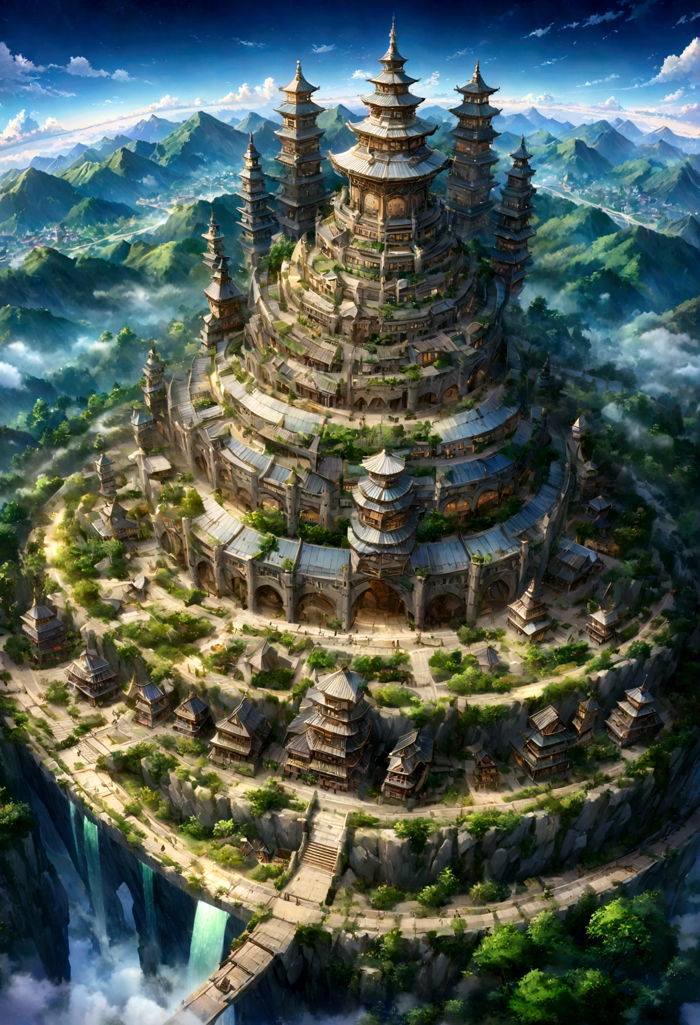 A highly detailed anime-style still art, Ghibli studio style, masterpiece, official art, professional, ((ultra-detailed)), 8k, ((Not show people)), Arabesque pattern, fantastical city carved within a large, rugged mountain. The mountain should appear rough and imposing, with intricate pathways and structures carved into its rocky surface. The city inside should have a unique, surreal design that could not exist in reality. Include elements such as twisting towers, floating platforms, and unusual bridges. The architecture should be imaginative and otherworldly, with buildings featuring intricate details and ornate designs. Surround the city with lush greenery and small waterfalls. Illuminate the scene with a soft, otherworldly light to enhance the sense of wonder and mystery. Add distant, ethereal structures in the background to create depth and a dreamlike atmosphere