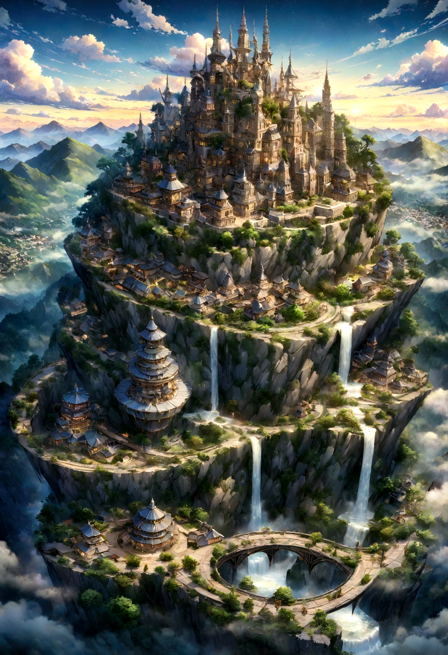 A highly detailed anime-style still art, Ghibli studio style, masterpiece, official art, professional, ((ultra-detailed)), 8k, ((Not show people)), Arabesque pattern, fantastical city carved within a large, rugged mountain. The mountain should appear rough and imposing, with intricate pathways and structures carved into its rocky surface. The city inside should have a unique, surreal design that could not exist in reality. Include elements such as twisting towers, floating platforms, and unusual bridges. The architecture should be imaginative and otherworldly, with buildings featuring intricate details and ornate designs. Surround the city with lush greenery and small waterfalls. Illuminate the scene with a soft, otherworldly light to enhance the sense of wonder and mystery. Add distant, ethereal structures in the background to create depth and a dreamlike atmosphere