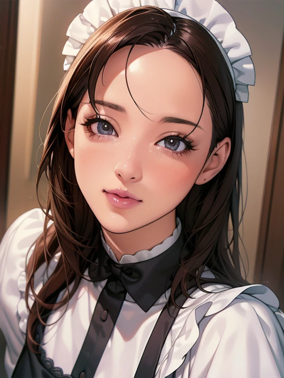 a beautiful detailed portrait of a girl with big eyes, full lips, long eyelashes, wearing a maid outfit, in a sensual pose, (best quality,4k,8k,highres,masterpiece:1.2),ultra-detailed,(realistic,photorealistic,photo-realistic:1.37),highly detailed face, maid uniform, intricate details, vibrant colors, dramatic lighting, cinematic composition, anime-inspired art style