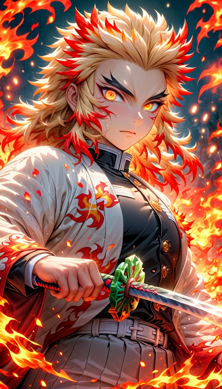 Ultra detailed, highres, absurdres, HDR, master piece, Rengoku Kyojuro, blond hair, expressive golden eyes, white haori with patters of flames, black demon slayer uniform, Kimetsu No Yaiba, fantasy, petals, red flowers, handsome, sexy man grabbing a sword, solo, magic, shining red fireflies, best quality, extremely detailed face and eyes, fire, grabbing a sword