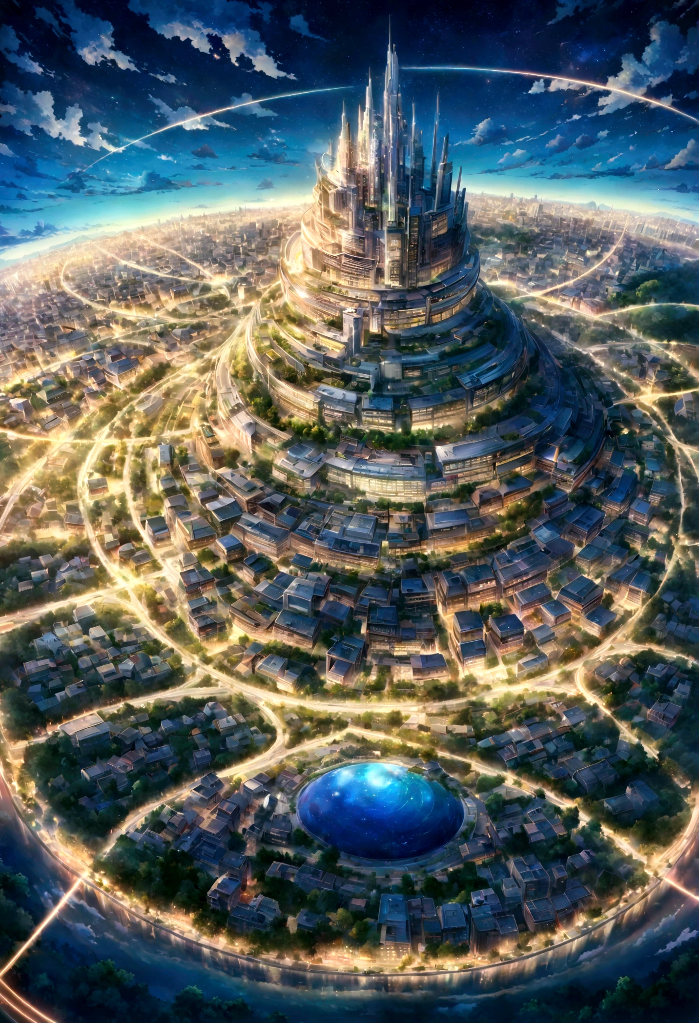 A highly detailed anime-style still art, Ghibli studio style, masterpiece, official art, professional, ((ultra-detailed)), 8k, ((Not show people)), Arabesque pattern, city where everything is made of reflective surfaces and mirrors, creating infinite reflections and a sense of endless space. The architecture is abstract and futuristic, with floating buildings and pathways made of light. The sky is a shifting blend of colors, with auroras and shimmering lights creating an ethereal atmosphere. The city is inhabited by ethereal beings who navigate the mirrored landscape with grace and fluidity