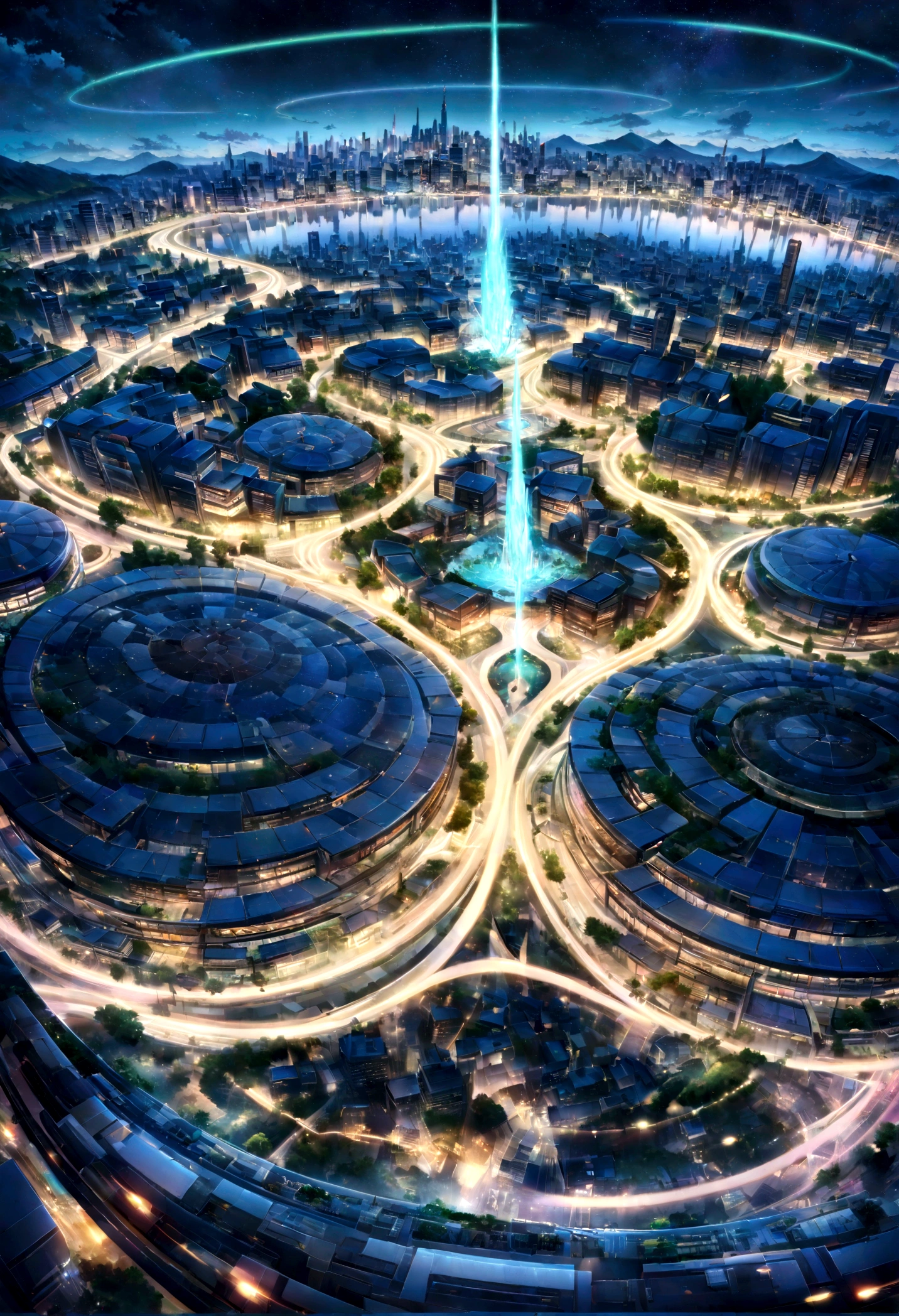 A highly detailed anime-style still art, Ghibli studio style, masterpiece, official art, professional, ((ultra-detailed)), 8k, ((Not show people)), Arabesque pattern, city where everything is made of reflective surfaces and mirrors, creating infinite reflections and a sense of endless space. The architecture is abstract and futuristic, with floating buildings and pathways made of light. The sky is a shifting blend of colors, with auroras and shimmering lights creating an ethereal atmosphere. The city is inhabited by ethereal beings who navigate the mirrored landscape with grace and fluidity