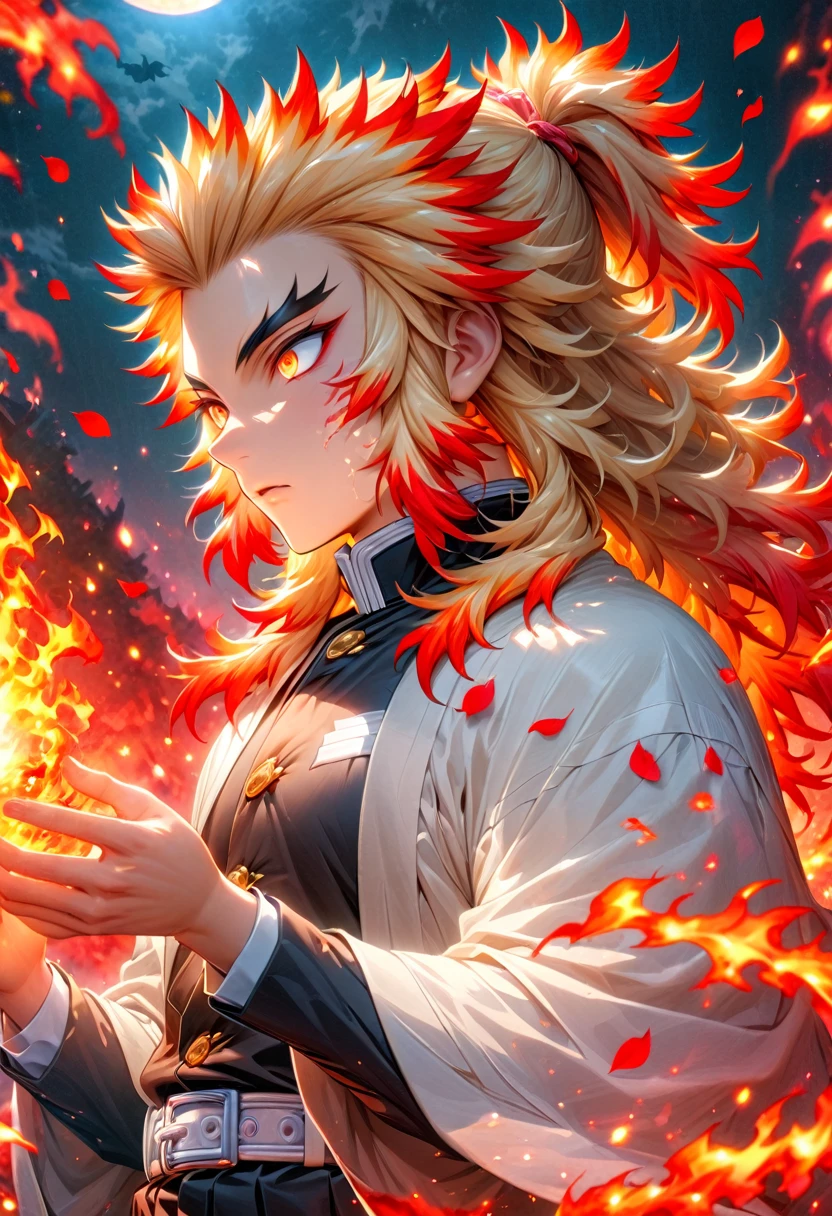 Ultra detailed, highres, absurdres, HDR, master piece, Rengoku Kyojuro, blond hair, expressive golden eyes, white haori with patters of flames, black demon slayer uniform, Kimetsu No Yaiba, fantasy, petals, red flowers, handsome, sexy man, solo, magic, shining red fireflies, best quality, extremely detailed face and eyes, fire, red moon