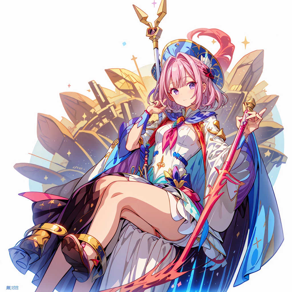 One girl、(masterpiece, highest quality、Official Art、The best configuration、Award-winning works), (Thin Hair), Very detailed, Anime Style, alone, full length, Concept Art,Magical girl　Big hat　Cape, Magic stick,  Super huge, Tall and stylish, Very large.、White Background, full lengthに立って, Floating in the sky,fsgzisksk