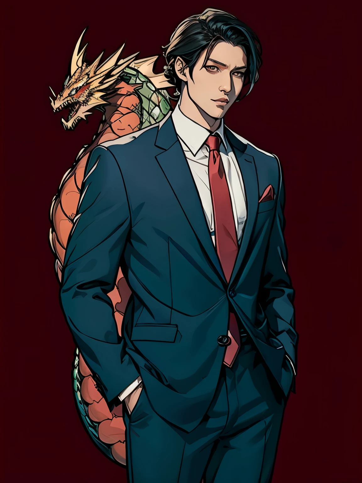 Wear a suit and tie、Anime woman with dragon in background, Dragon-themed suit, by ヤン・J, Human-Dragon Fusion, Handsome Japan demon girl, Demon Slayer&#39;s Daughter, A magnificent and elegant portrait, artstation Trends, by Oliver Sin, Crimson costume, Black and red suit, Very detailed fan art, Cute Female Vampire