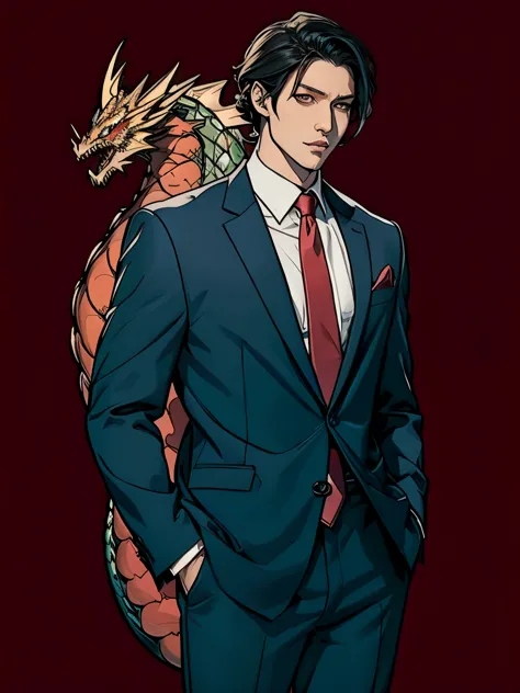 Wear a suit and tie、Anime woman with dragon in background, Dragon-themed suit, by ヤン・J, Human-Dragon Fusion, Handsome Japan demo...