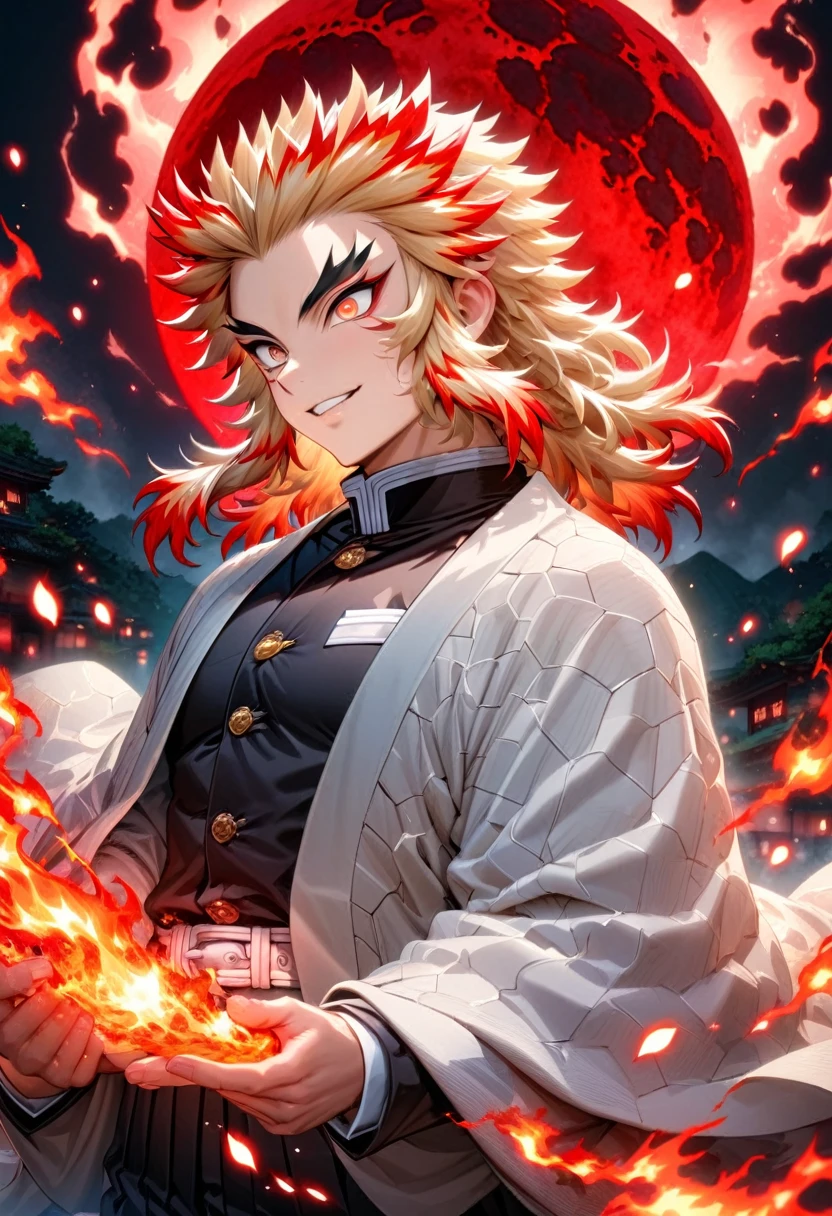 ultra détaillé, haute résolution, absurdes, HDR, chef-d&#39;œuvre, rengoku kyojuro, cheveux blonds, yeux dorés expressifs, haori blanc avec des crépitements de flammes, uniforme de tueur de démons noir, Kimetsu no Yaiba, fantaisie, pétales, fleurs rouges, beau, homme sexy, seulement, la magie, shining red feuflies, Meilleure qualité, visage et yeux extrêmement détaillés, feu, lune rouge, éclair rouge, souriant