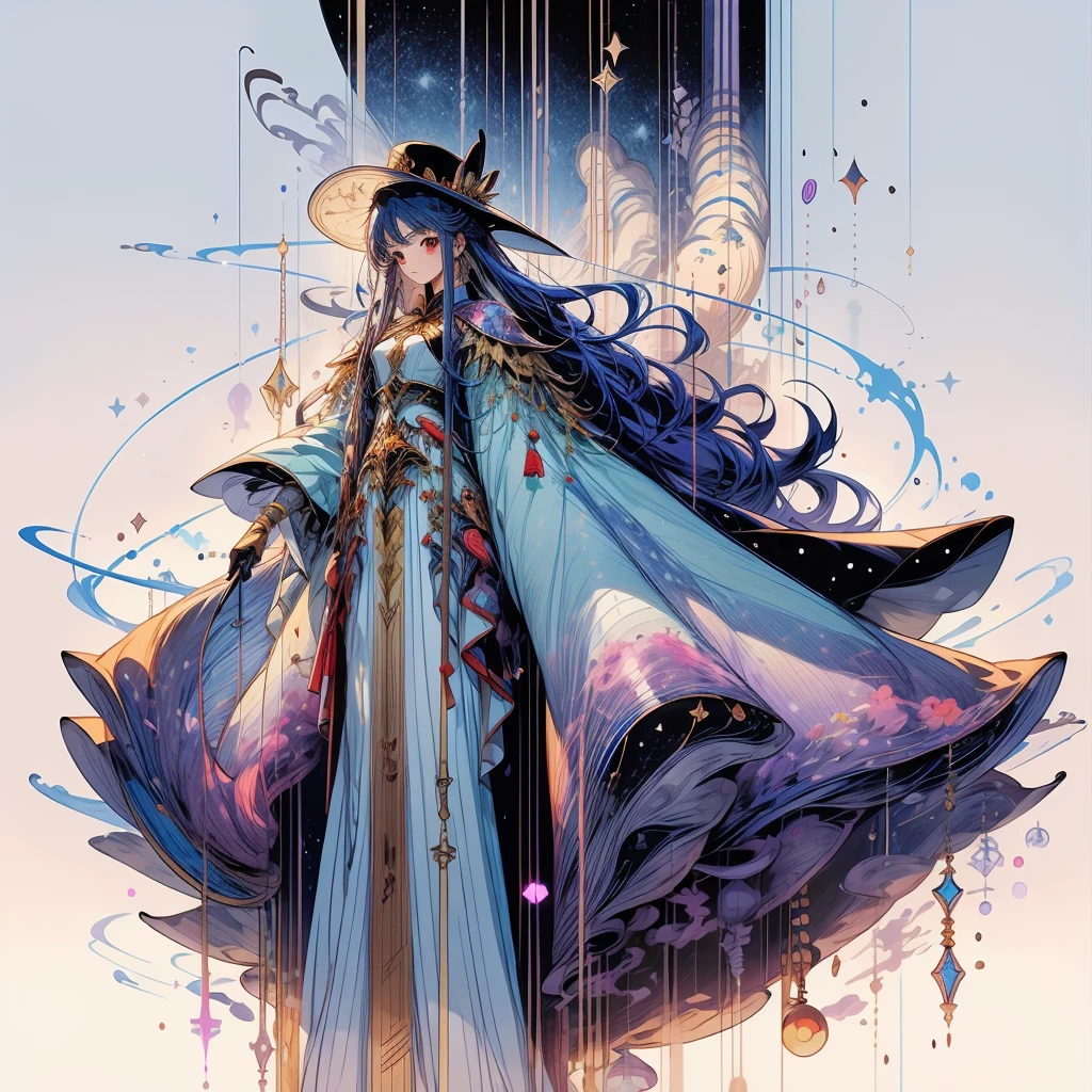 One girl、(masterpiece, highest quality、Official Art、The best configuration、Award-winning works), (Thin Hair), Very detailed, Anime Style, alone, full length, Concept Art,Magical girl　Big hat　Cape, A magic wand with a very detailed design,  Super huge, Tall and stylish, Very large.、White Background, full lengthに立って, Floating in the sky,fsgzisksk