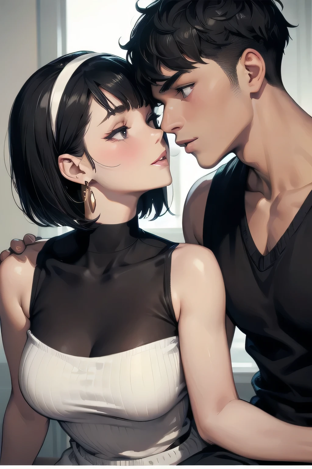  Amazing portrait of a sexy woman wearing her short black hair in a bob with a white hairband and some elegant earrings and a black sleeveless sweater paired with a cream skirt kissing and making out passionately with a shirtless boy in an intimate setting