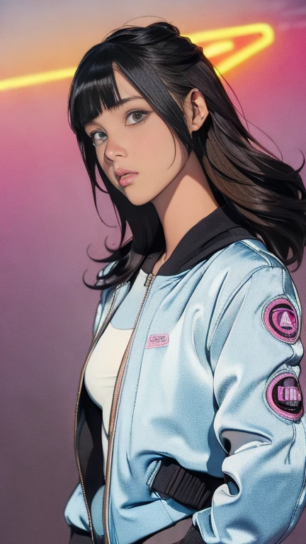 (ultra detailed, ultra high res, detailed background),((flat color)),((muted color)),((floating neon)), 1girl, solo, looking at viewer, spray paint, graffiti, girl in a fencing suit, long plush scarf, full body image, adult woman, anatomically perfect face, symmetrical face, full body image, (satin bomber jacket: 1.4)